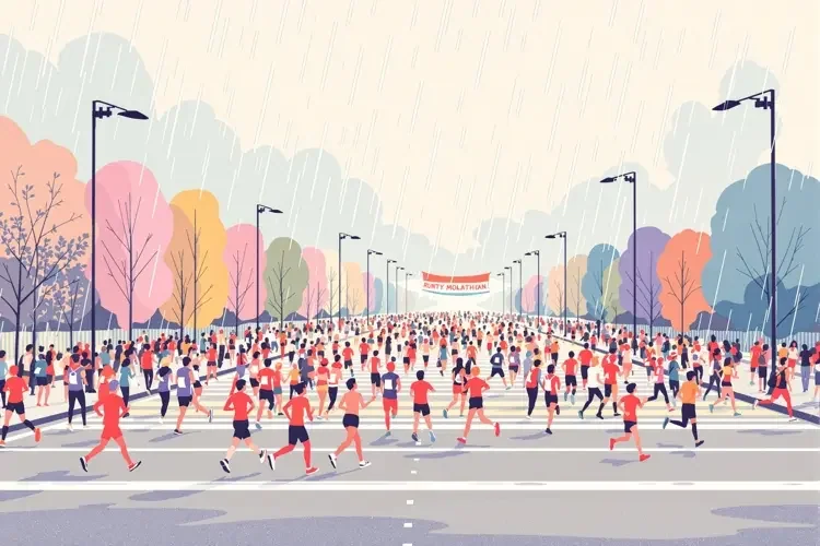 某地马拉松鸣枪开跑，万名跑者雨中热情不减